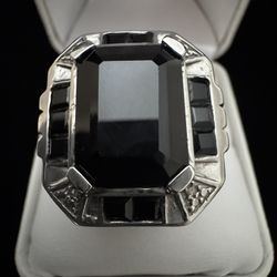 Sterling Silver Large Black Onyx Emerald Stone Gents Ring Size 9”