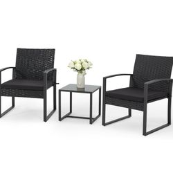 3 Pieces Patio Furniture Set, Outdoor Rattan Bistro Set with Coffee Table, Durable Steel Frame with Strapped Cushions for Garden, Balcony, Poolside, B