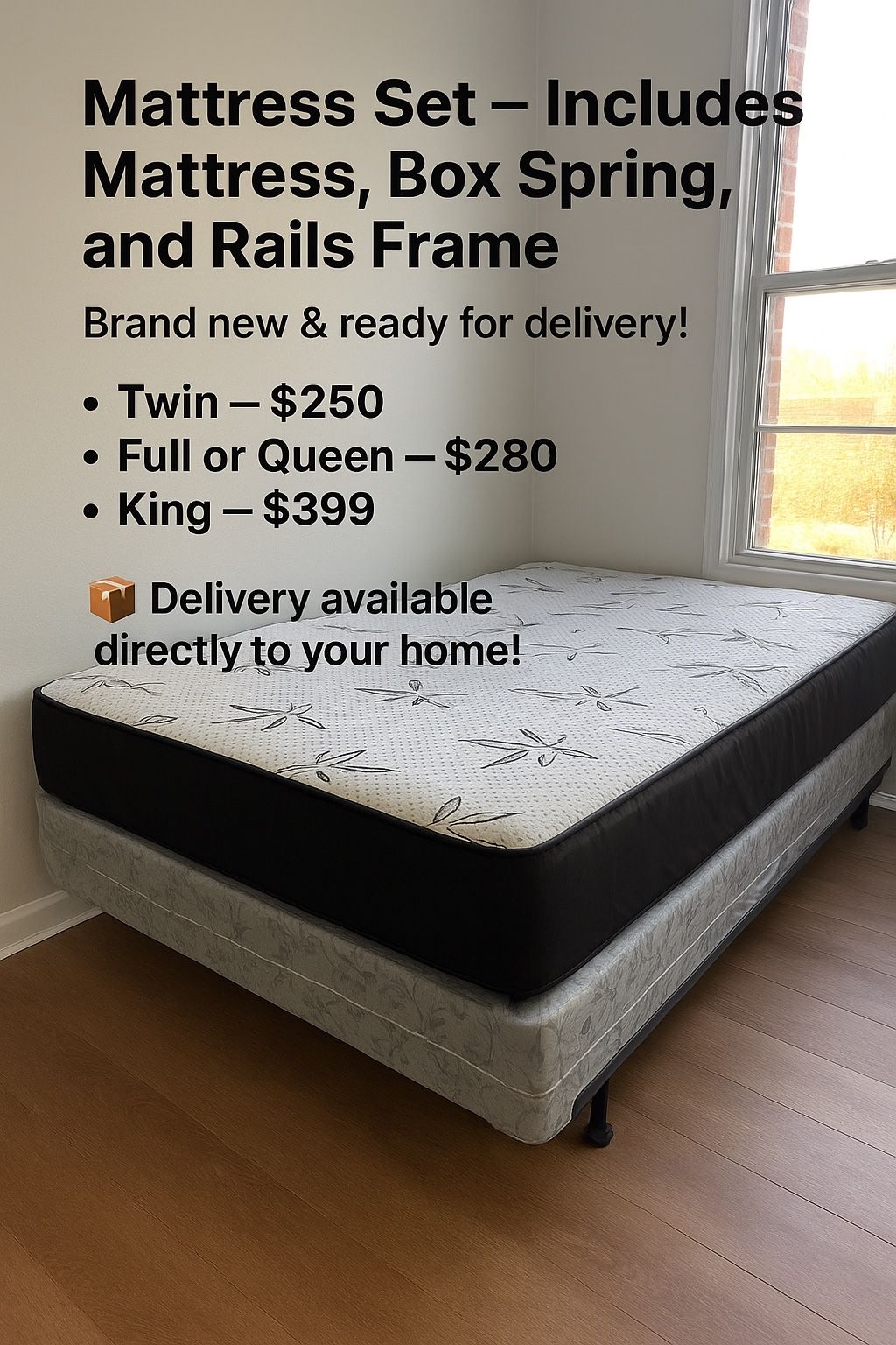 Queen Mattress • Box Spring • Bed Frame (Rails) 📦 🚚 Same Day Delivery
