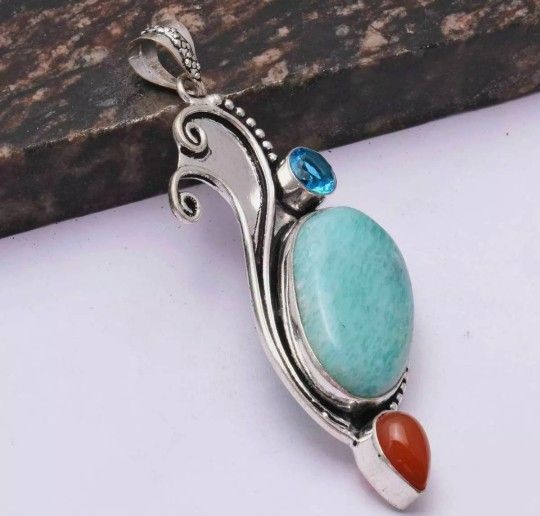 💞Beautiful! Amazonite, Carnelian, & Blue Topaz Pendant