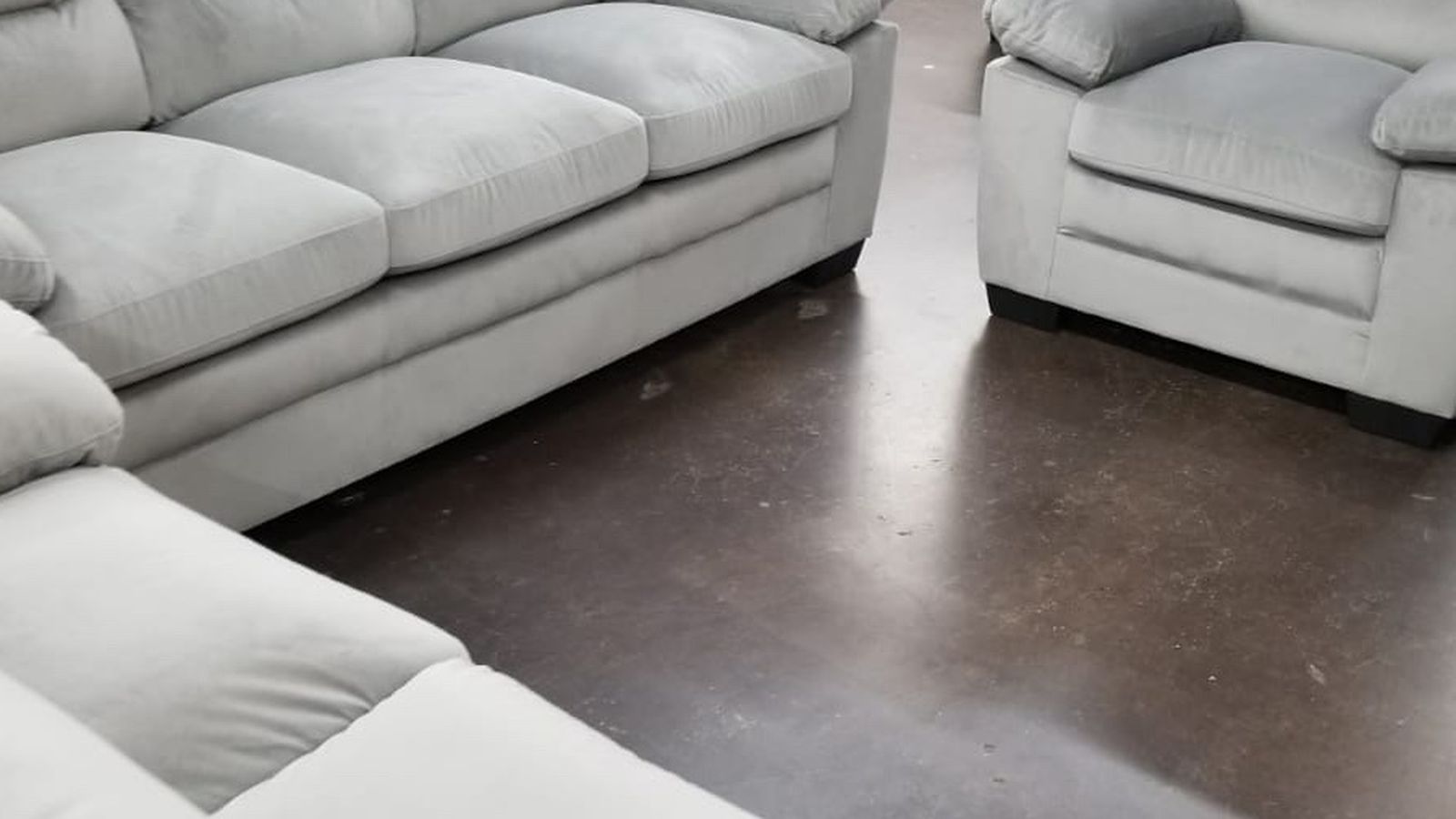 Light gray fabric sofa love and chair