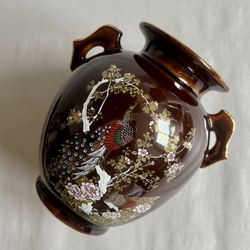Vintage Japanese Double Handled Brown Porcelain Vase With Peacock And Floral Design