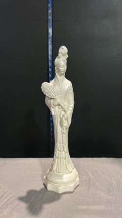 Vintage White Blanc De Chine Asian Woman Statue with Fan - 12"