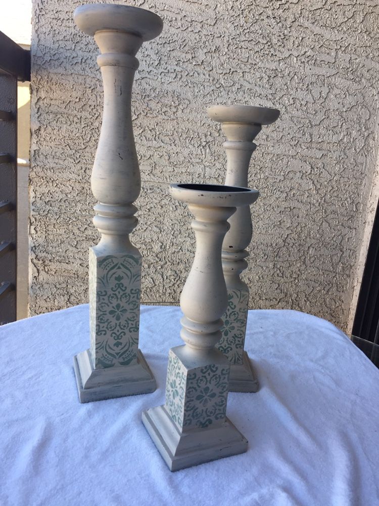 Beautiful Painted Wooden Candle Pillars Set Three