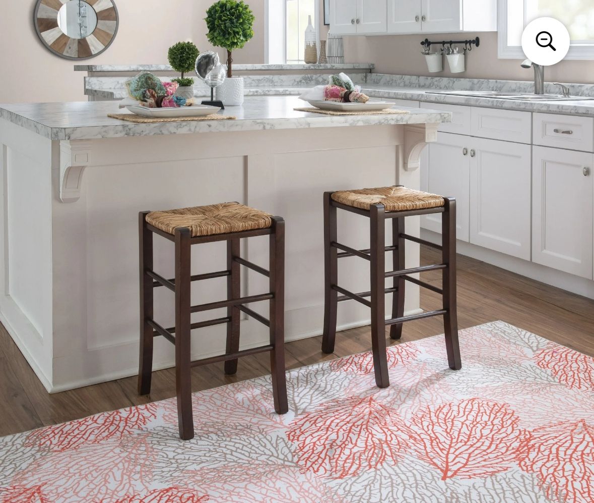 Linon Ivica 24.4" Backless Counter Stools, Set of 2, Dark Walnut with Handwoven Rush Seat