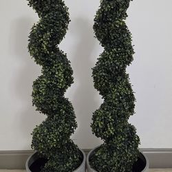 *** REDUCED *** PAIR of 4ft Faux Boxwood Spirals in 12in (Diameter) Gray Textured Planters @ Lasting Creations