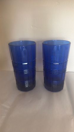 Set of 2 Blue Glass Tumblers 11-20 oz Geometric Decorated Drinking Glasses