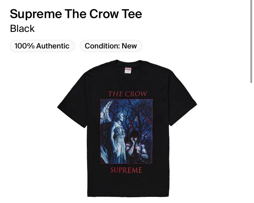 Brand New Supreme The Crow Tee Shirt Black Size XL 