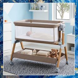 Khaki Baby Rocking Bassinet 5-in-1, Height Adjustable. New, in box.