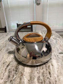 Wolfgang Puck Stainless Steel Whistling Tea Kettle Wood Handle