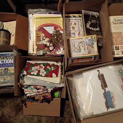 7 Boxes Of  Misc Crafts Fabric, Kits, Plastic Canvas, Lots Of STUFF! $15 For ALL