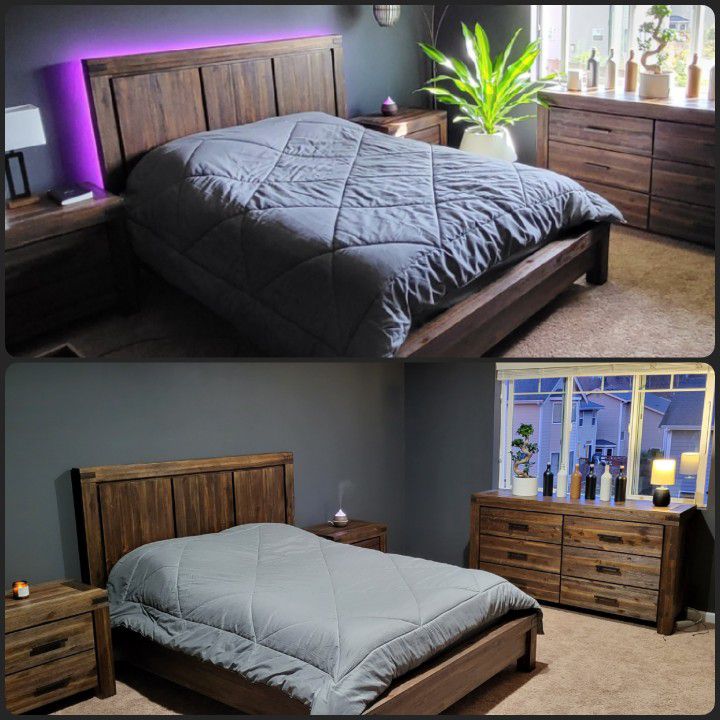 Rustic wood bedroom set from Macy's (bed frame, mattress, dresser, 2 night stands)