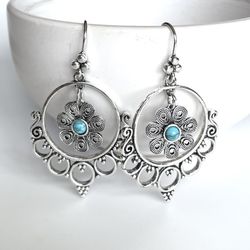 Silver turquoise earrings dangle circle chandelier flower daisy bohemian