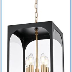Brand New Large Outdoor Pendant Light Fixture 5 Light Modern Black Brass Outdoor Chandelier Porch Light with Clear Glass Exterior Pendant Lamp Ceiling