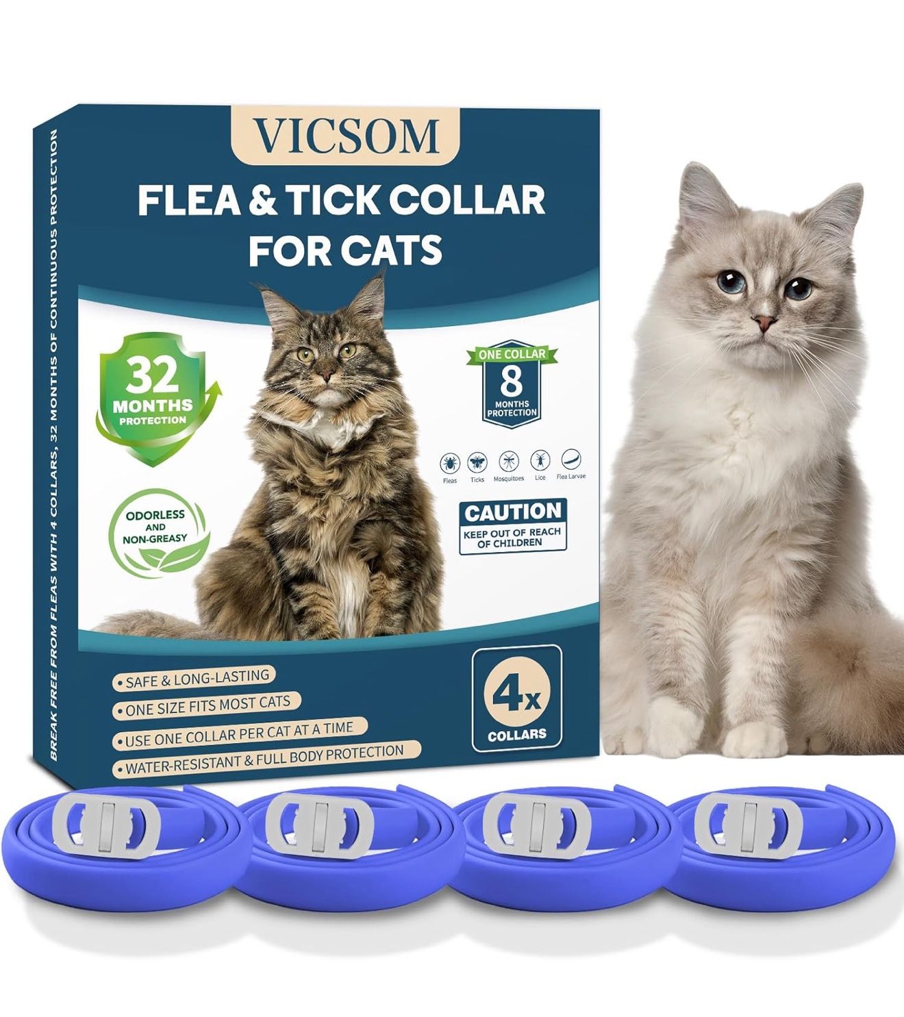 4 Pack Cat Flea Collar - Flea Collar Adjustable, Waterproof Flea and Ticks