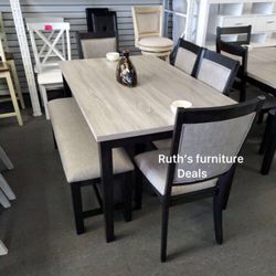 6-pc dining Set With Bench Two Tone  Light Grey & Black 