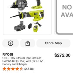 New RYOBI ONE+ 18V Lithium-lon Cordless Combo Kit (3-Tool) with (1) 1.5 Ah Battery and Charger
