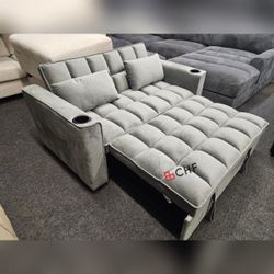 Velvet Gray / White / Black Convertible Sleeper Loveseat With USB Charger And Cup Holder 