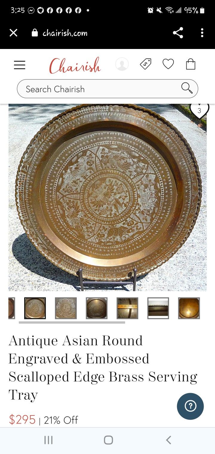 Antique Asian Round Engraved and Embossed Scalloped Edge Brass
