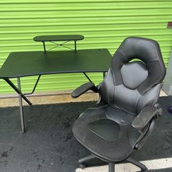 Gaming Table Desk Chair Gaming Set Up Combo Leather Mesh Black Wood