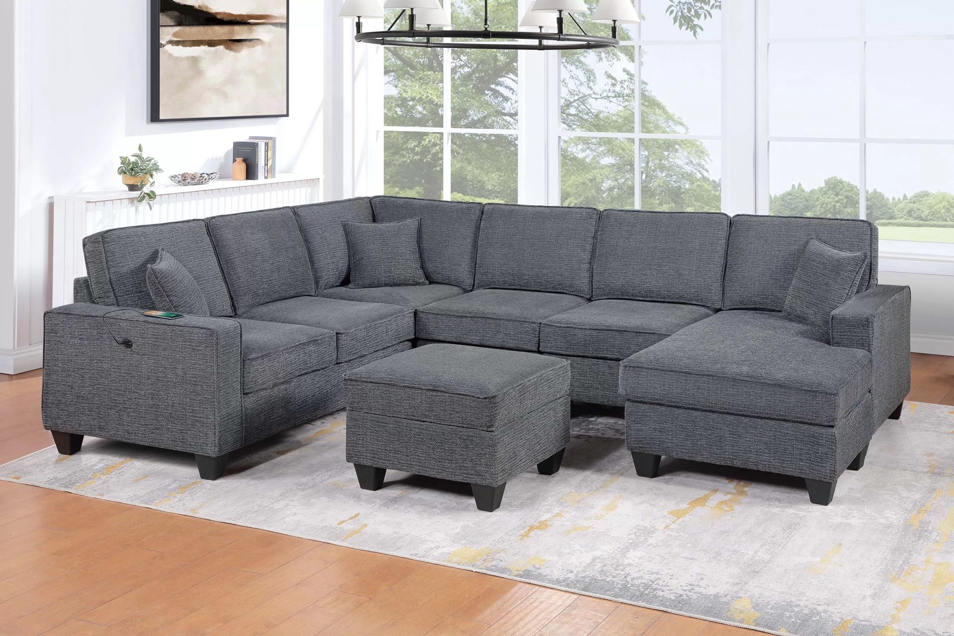 5-Piece Sectional Set LAF Loveseat W/USB Ports + RAF Loveseat W/ Chaise + Corner Wedge + Armless Chair + Cocktail Ottoman Color: Slate Gray