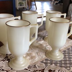 Five Federal Milk Glass Irish Coffee Cups with gold rim at top