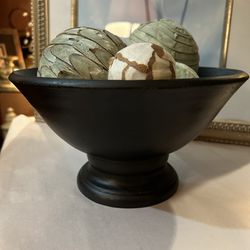 Jennifer Farrell Distressed Wood Pedestal Bowl With Assortment Of Balls