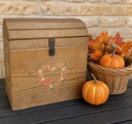 Rustic Wooden Storage Chest Trunk w/ Floral Design & Metal Hardware – 16”