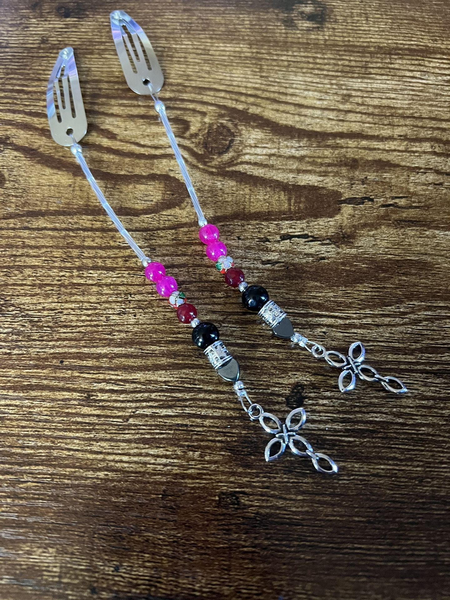 Silver Hair Clips With Beads and Silver Cross Charms 