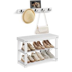 SONGMICS Shoe Bench Wall Coat Rack Set with 5 Double Metal Hooks - White