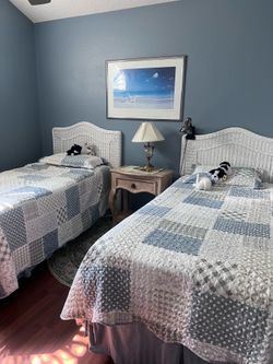 Coastal Twin Guest Room Set – Beds, Bedding, Wicker Rocker & Chest