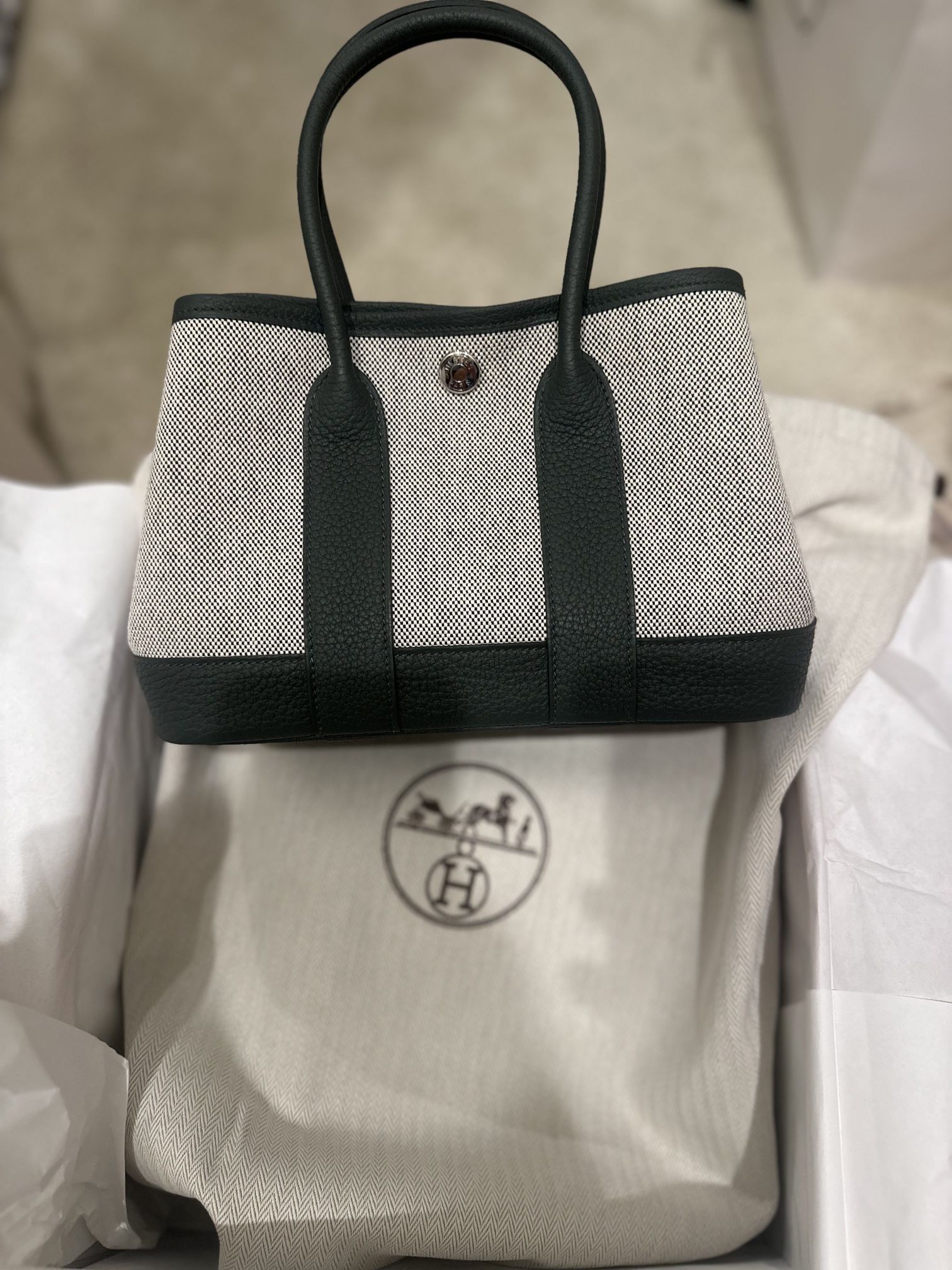 Brand New Hermès Garden Party TPM 23 Ecru-Noir/Vert / Full Set / Canvas & Negonda / 100% Authentic