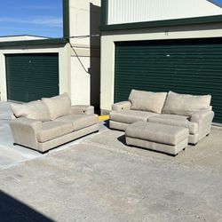 **FREE DELIVERY** Beautiful Modern Beige 3 Seater Couch, Loveseat, Ottoman W/ USB Chargers Set