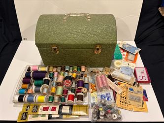 Vintage Mid Century Modern Green Textured Sewing Box and Notions