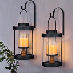 2 Black Metal Wall Sconce Candle Lantern, Wall Mounted Wood and Metal Hanging Holder with Glass