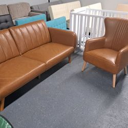 NEW MODERN FUTON SOFA WITH ACCENT CHAIR FAUX LEATHER CAMEL 