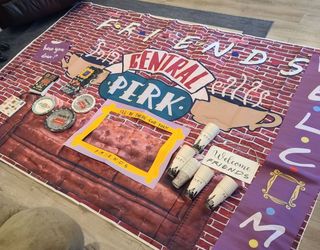Friends the TV show props and Party  Set Supplies: Large Backdrop 5x7, photo frame, wooden sign, 2 banners,  plates, napkins, many assorted cups, part