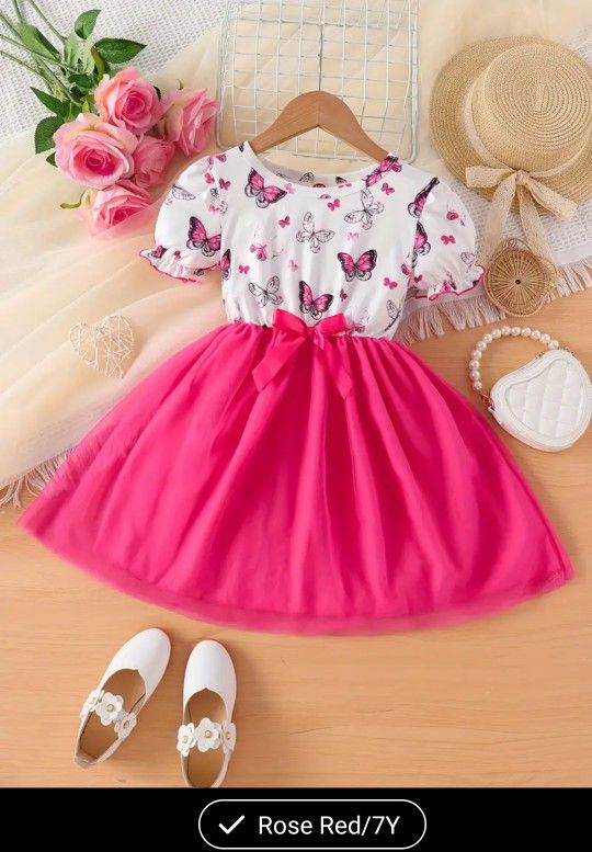 Chic Summer Butterfly Print Mesh Dress for Girls with Bow Detail