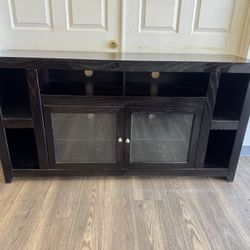 Espresso Media Console TV Stand with Glass Doors & Shelving – 65” Wide