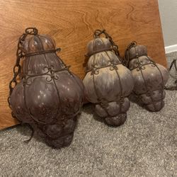 Vintage Purple Glass Hanging Pendant Lanterns - Set of 3