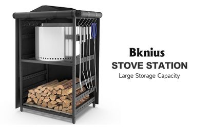 Bknius Stove Station Firewood Fire Pit Storage Rack w/Cover #2752H G1