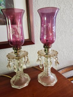 Pair of Cranberry Etched Glass Hurricane Lamps with Crystal Prisms
