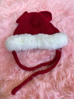 Red Knit Hat with Faux Fur Trim