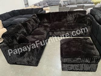New Plush Black Sectional Sofa And Ottoman, Sectionals, Sofa, Couch, Plush Sectional, High Back Couch, Sofas, Black Sectional, Black Sofa, Black Couch