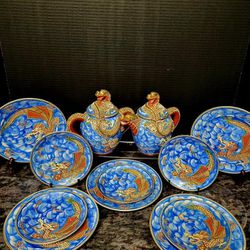 Antique Blue DRAGON Kutani Moriage Lithophane Teapot Sugar Set of 5 Plates 5", Set of 5 Plates 4"