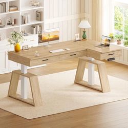 Natural Oak L Shape Electric Desk