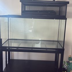 40 gallon tank.  Stand included as well as basking station and light