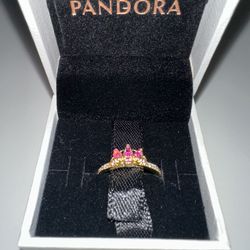 PANDORA pink bow golden ring size 06