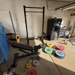 Squat Rack With Safety Arms, Adjustable Bench, Bumper Plates
