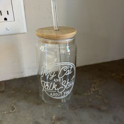 Cute Cat Glass withGlass Straw and Bamboo Lid.